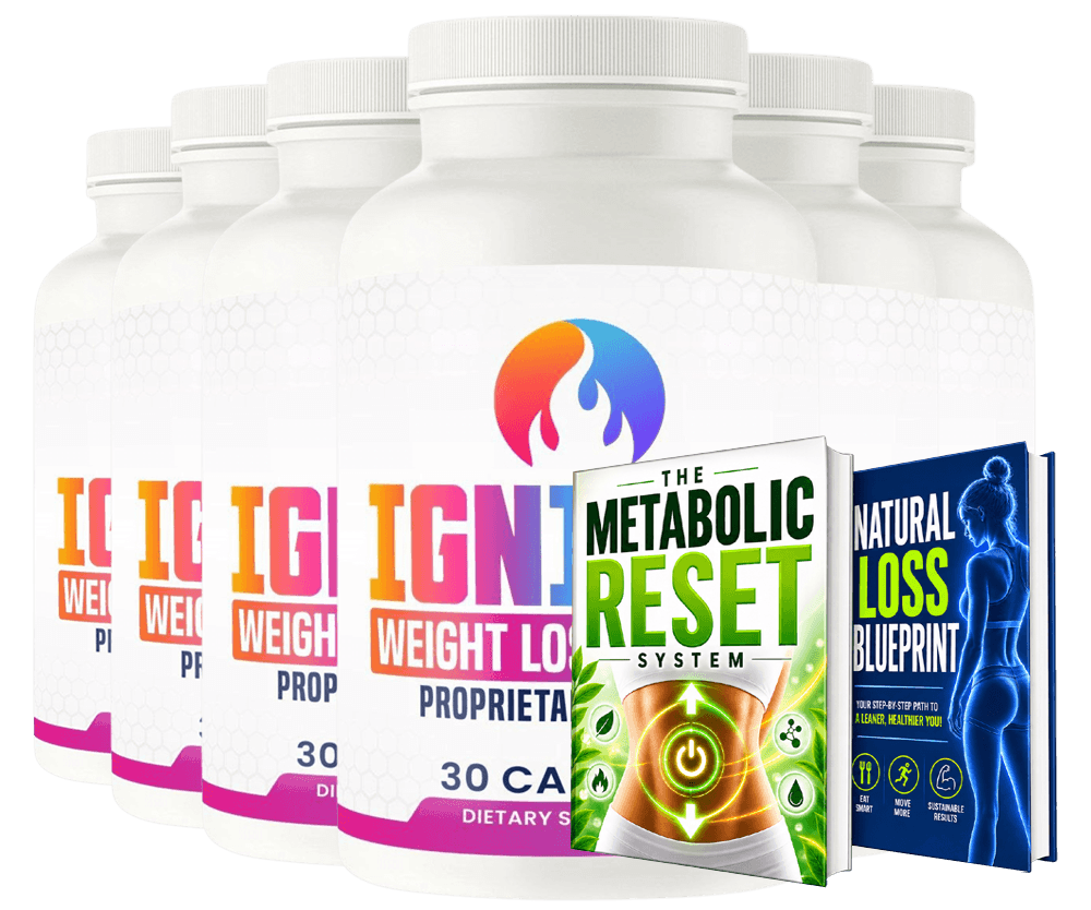Six Ignitra bottles with current wellness guide artwork