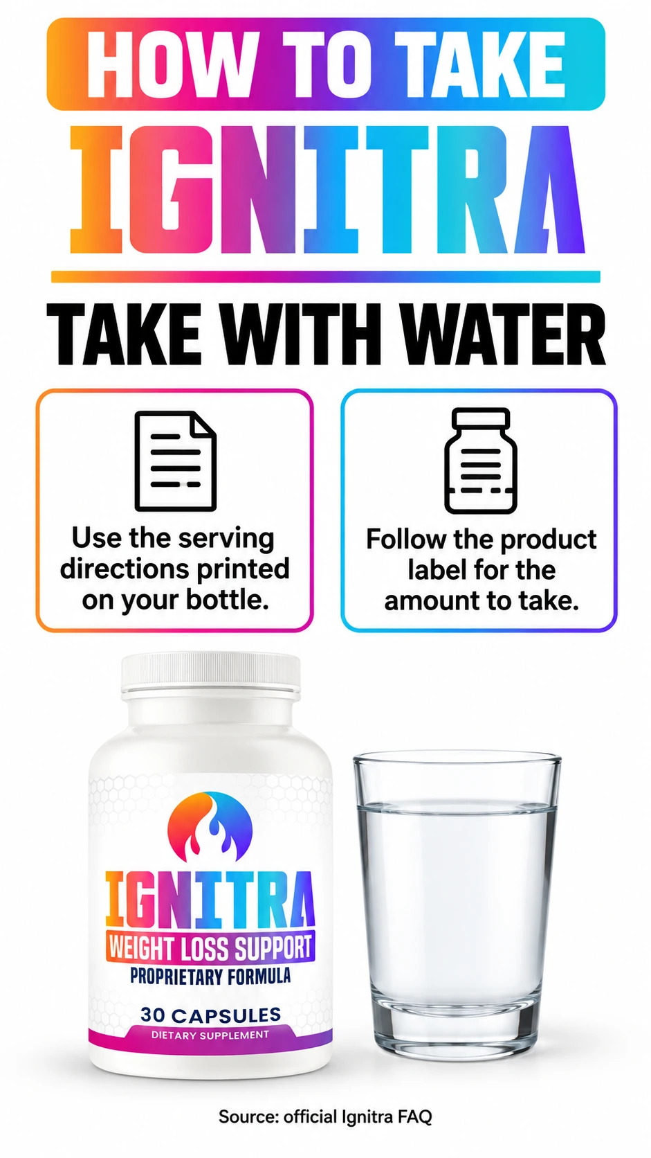 Ignitra directions: take with water and follow the serving instructions on your bottle